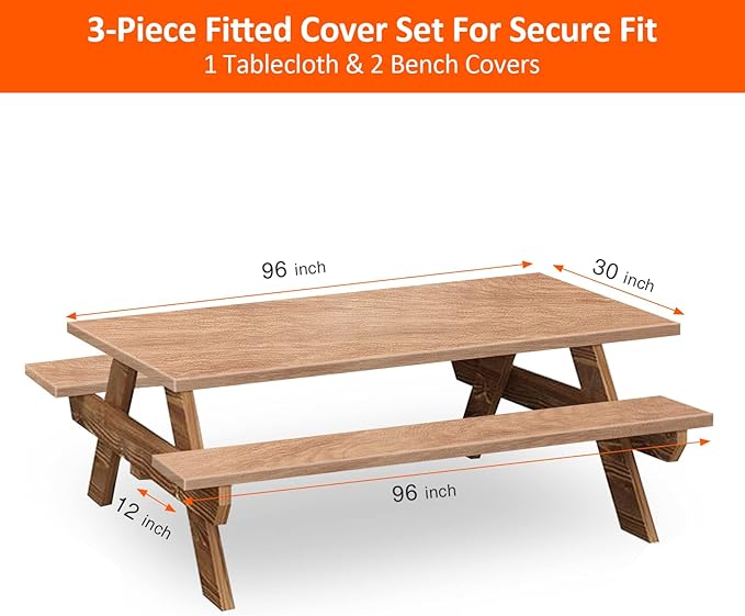 KENOBEE 8ft Picnic Table and Bench Cover, Camping Essentials RV Gear, 96 in Waterproof Windproof Outdoor Elastic All Around Tablecloth, Fitted Rectangle Tables and Seats, Wood Grain