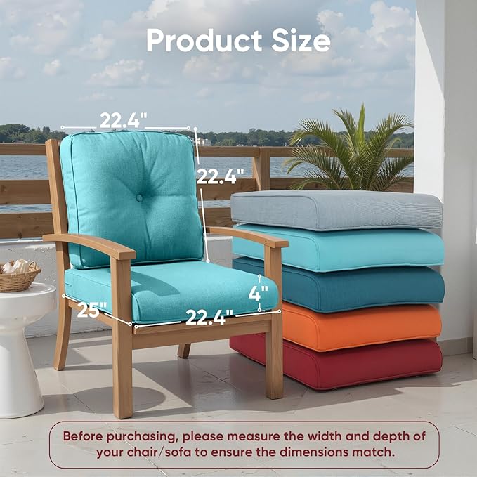Outdoor Chair Cushion Set of 2, Waterproof Outdoor Seat Cushions 25x22 , Patio Chair Cushions for Outdoor Furniture, Couch Cushion Replacement, Include 2 Back & 2 Seat Cushions, Button/CyanBlue