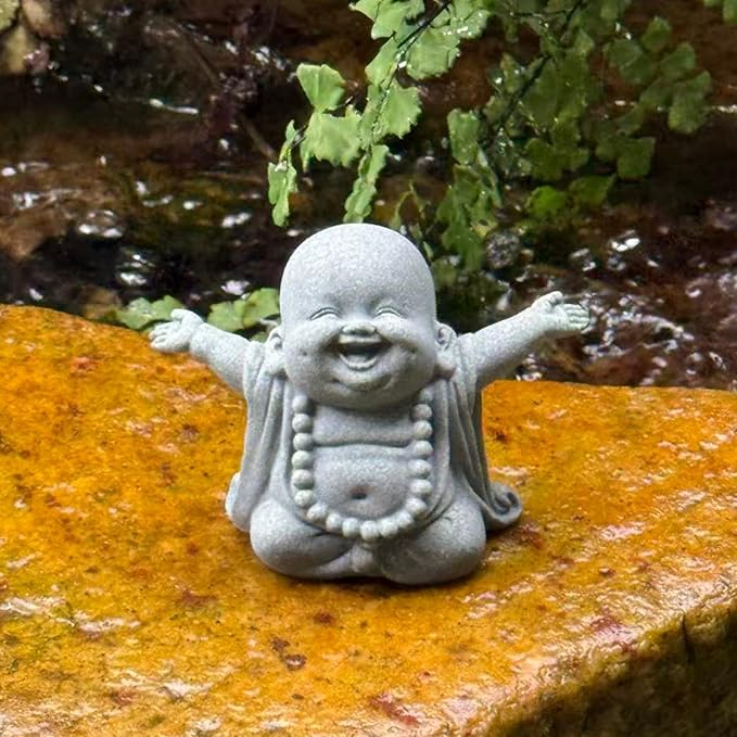 OwMell Japanese Jizo Monk Statue, Buddha Jizo Figurine Memorial Aquarium Statue Ornament - Laughing Buddha Small
