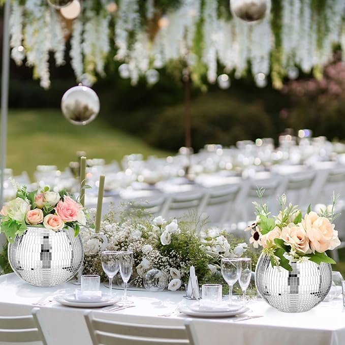 6 Pieces Disco Ball Flower Vase Mirror Disco Ball Glass Planter Candle Holder Glass Vase Bulk for Wedding Centerpieces Bedroom Kitchen Office Decoration Birthday (Silver, 5 x 6 Inch)