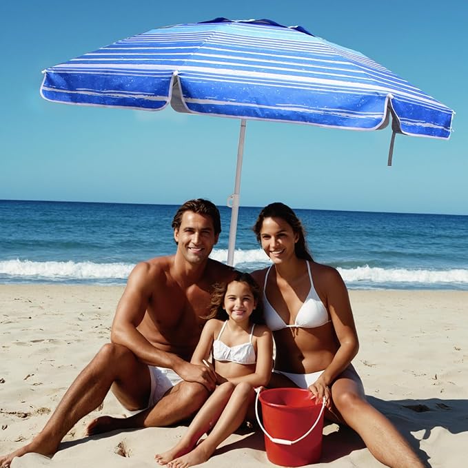 6.5ft Beach Umbrella - Heavy Duty Wind Resistant UV 50+ Portable Sun Shade with Sand Anchor & Carry Bag, Outdoor Folding Umbrella for Beach, Pool, Patio, Garden (Blue Stripe)