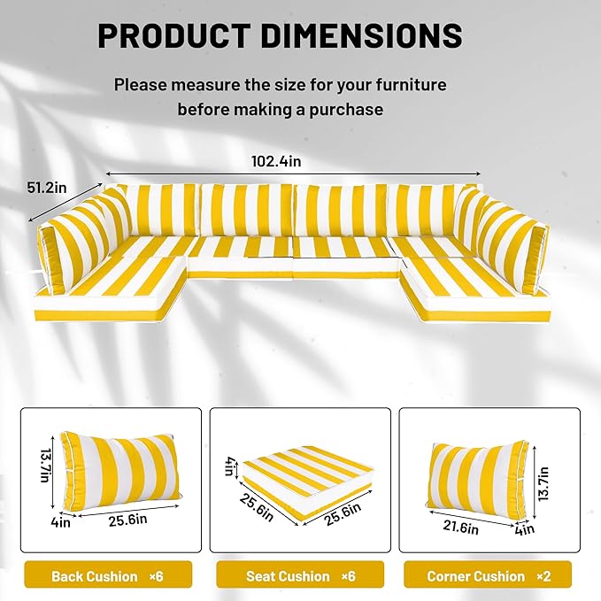 14 Piece Outdoor Sectional Cushions, Water-Resistant Outdoor Sofa Cushions Replacement, 4" High Density Foam Patio Furniture Cushions Fits 6-seat Rattan Conversation Set (Yellow White)