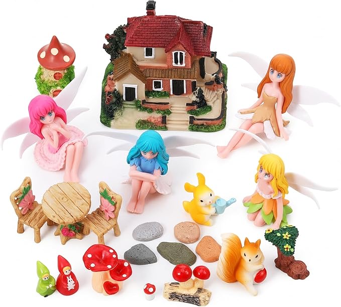Fairy Garden Accessories, Miniature Garden Ornaments Included Mini Fairy Figures Tiny Gnome Figurines Enchanted Tiny House Set for DIY Landscape Potted Plants Dollhouse Desk Decor