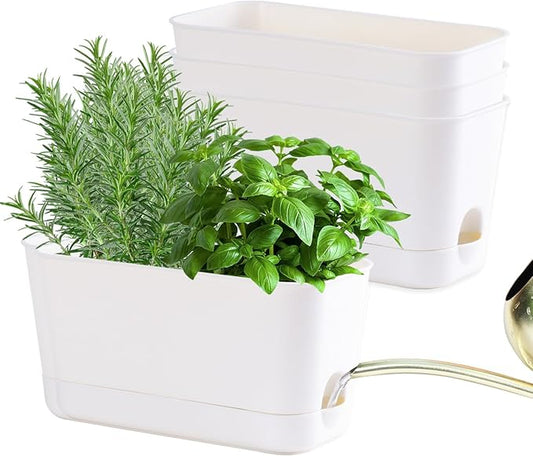 Self Watering Planters: 4 Packs Rectangular Plant Pots with with Drainage and Tray, 10 Inch Window Pot Self Watering Planter for Herb, Houseplants