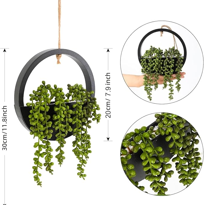 Artificial Hanging Plants Large Hanging Planter Fake Succulents Artificial String of Pearls with Pot and Lanyard for Home Office Wall Decoration