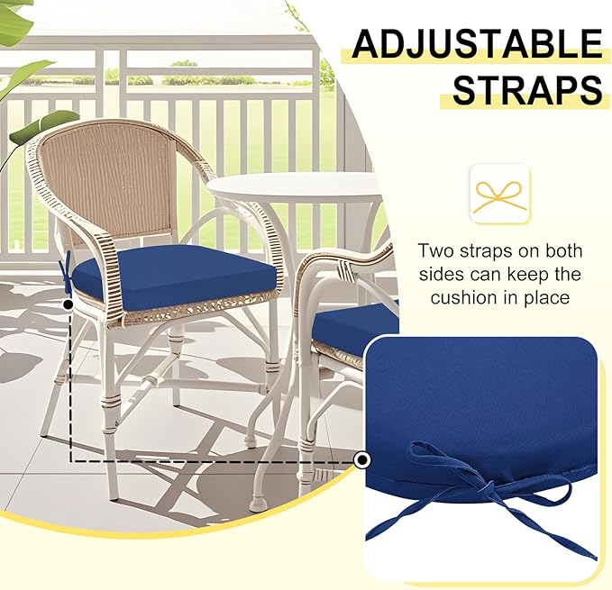 downluxe Outdoor Chair Cushions Set of 4 for Patio Furniture, Water-Resistant Patio Chair Cushions with Ties, High Density Foam Outdoor Seat Cushion, 17" X 16" X 2", Royal Blue