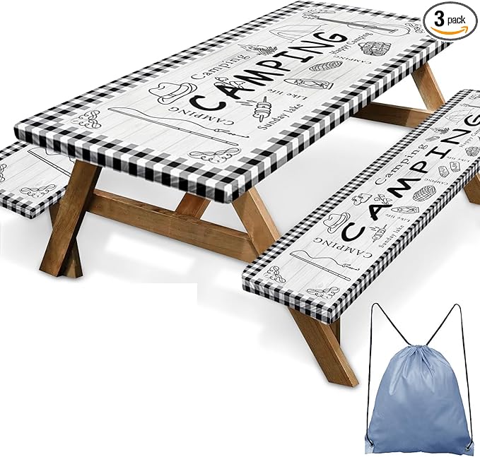 Picnic Table Cover with Bench Covers Elastic Edges, Farm Plaid Fitted Table Cover, Outdoor Patio Camping Essentials 72 Inch 3PCS, Waterproof Camping Fitted Tablecloth with Drawstring Bag