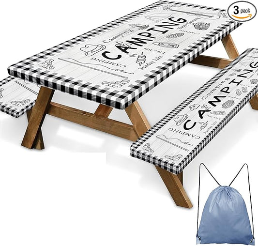 Picnic Table Cover with Bench Covers Elastic Edges, Farm Plaid Fitted Table Cover, Outdoor Patio Camping Essentials 72 Inch 3PCS, Waterproof Camping Fitted Tablecloth with Drawstring Bag