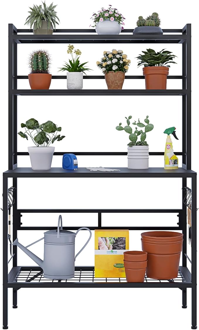 63" H Outdoor Metal Garden Potting Bench&Table with Metal Tabletop, 4-Tier Plant Shelf Rack, 8 Side Hooks, Outdoor/Indoor Gardening Workstation and Plant Stand, Black