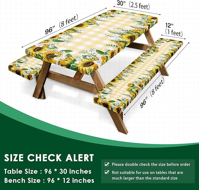 Picnic Table Cover with Bench Covers Elastic Edges, Yellow Fitted Table Cover, Outdoor Patio Camping Essentials 96 Inch 3PCS, Waterproof Camping Fitted Tablecloth with Drawstring Bag