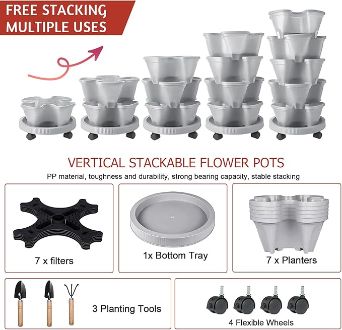 7 Tier Vertical Strawberry Planter-Tower Stackable Herb Planters-Stacking Garden Outdoor Planter Pot with Tools Mover for Flowers, Vegetables and Succulents, Light Grey