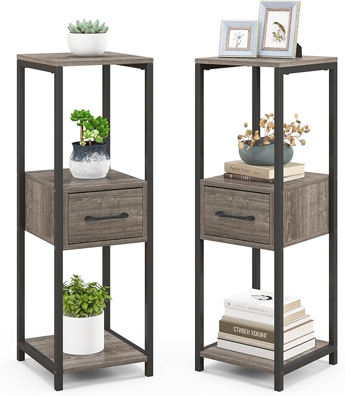 Giantex 3 Tier Tall Plant Stand Indoor, 36 Inch Corner Plant Holder with Drawer & Metal Frame, Modern Plant Shelf for Multiple Flower Pots, Square Plant Tables for Balcony, Living Room (2 Pack)
