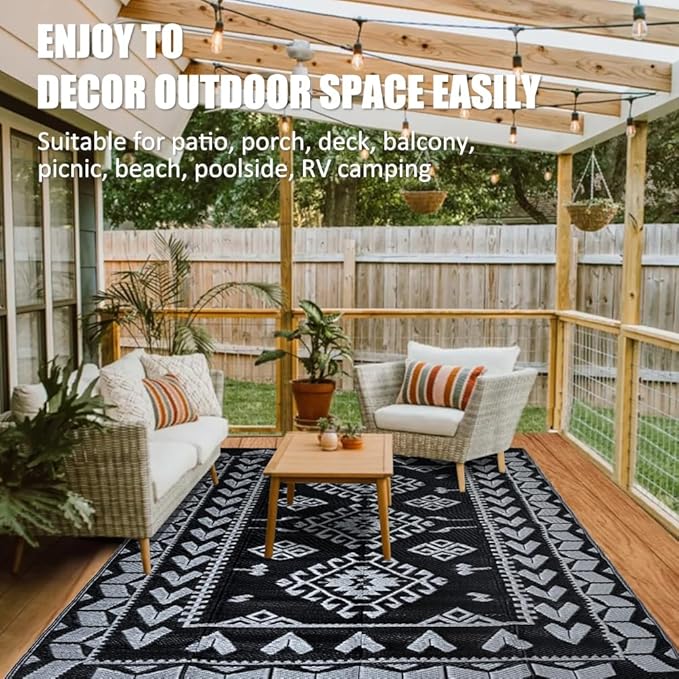 Pendolr Outdoor Rugs for Patio Clearance - 5'x8' Waterproof Reversible Indoor Outdoor Rug Carpet, Portable Plastic Straw Rug for RV Camping, Picnic, Beach, Porch, Deck(Rug004#,Black&Gray)