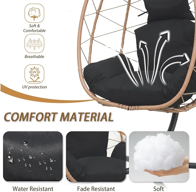 Hanging Egg Chair with Stand Indoor Swinging Chair Outdoor Hammock Egg Chair for Patio, Bedroom, Garden and Balcony (Black, Small)