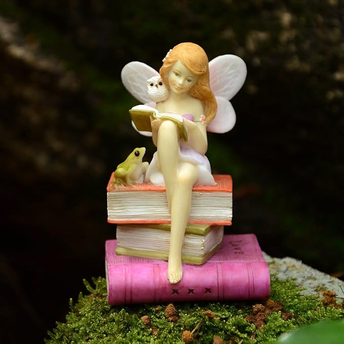 Top Collection Miniature Garden and Terrarium Fairy Reading on Books with Frog and Owl Figurine