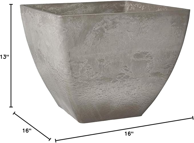 PSW Pot Collection 16x13 inch Plastic/Stone/Wood Composite Square Planter – No Drainage Hole (Drillable), Modern Indoor/Outer Pot for Flowers, Foliage, Succulents, Fairy Gardens, Cement Color