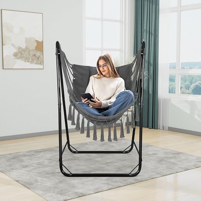 Hammock Chair with U Shape Stand, Cotton Swing Chair with Side Pocket, Heavy-Duty Metal Frame with Hanging Seat, Multi-Functional Swing Stand for Indoor and Outdoor Patio Yard Garden (Black)