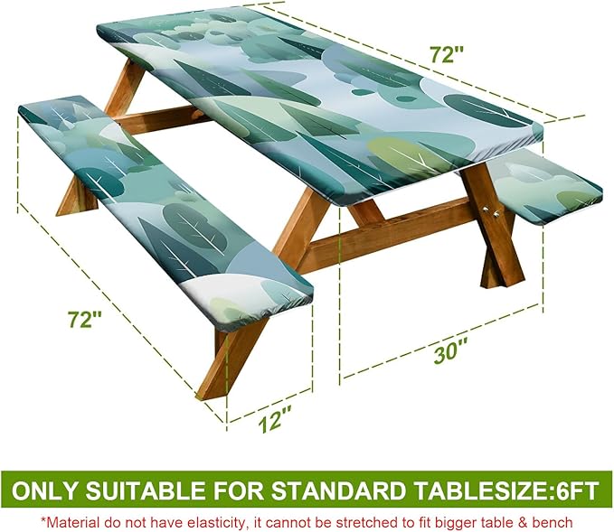 Picnic Table Cover with Bench Covers Set of 3 - Enchanted Woods Illustration, Elastic Fitted Tablecloth for 6 Ft Tables, Washable Polyester Cover for Garden, Indoor & Outdoor