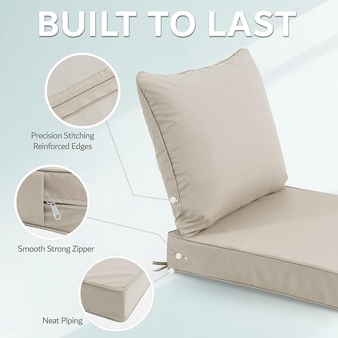 24x24 Inch Outdoor Chair Cushions Set of 2, Patio Furniture Cushions - Removable Cover, Water-Repellent, Fade-Resistant, Non-Slip Bottom & Straps, Replacement for Deep Seat Sofa & Couch - Cream
