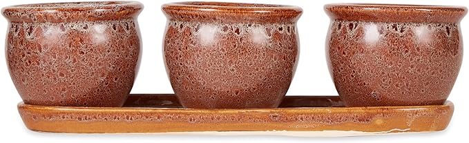 DII Ceramic Planter Collection Herb Pot Set, Brown Round, 13x75x4.5x4