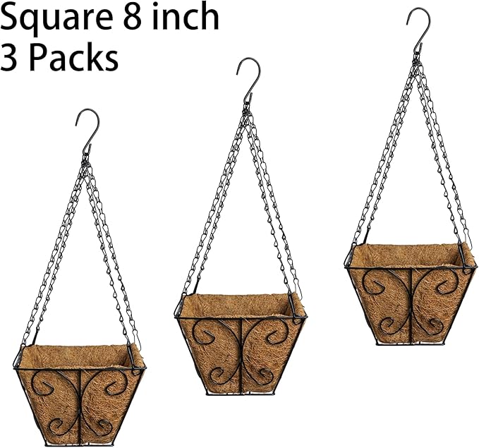 LX7 3-Pack Hanging & Wall-Mounted Plant Baskets with Natural Coconut Fiber Liner, Decorative Planters for Home Garden Patio Yard (3Pack SquareHanger, 8Inch)