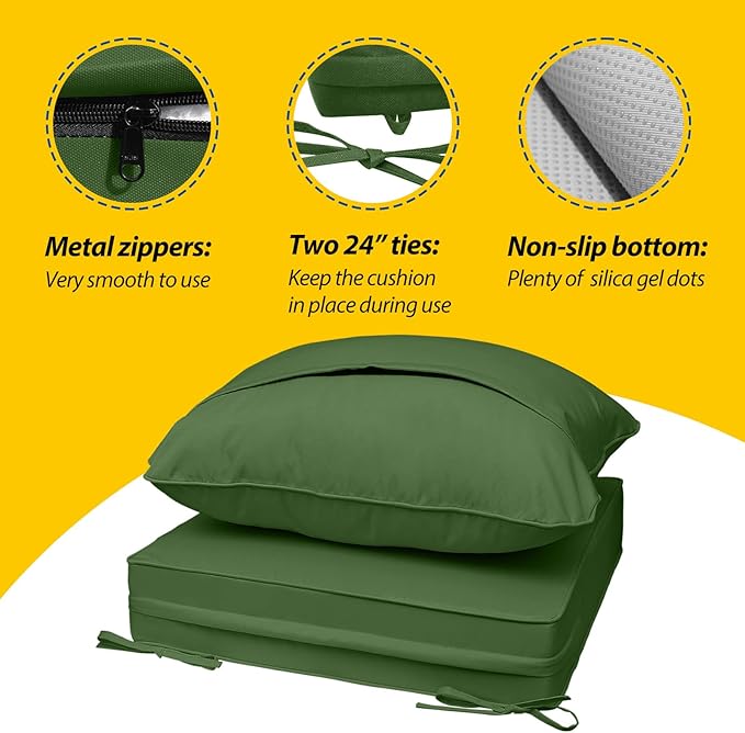 AAAAAcessories Outdoor Deep Seat Cushions, Waterproof, Fade-Resistant Patio Furniture Replacement Cushions, 25.5" x 25.5" x 5" + 25.5" x 19", Set of 2, Dark Moss Green