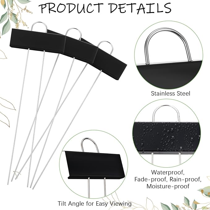 Maitys 104 Pcs Metal Garden Markers Plant Label Stakes Outdoor Weatherproof 10.6 Inch Stainless Steel Nursery Tags Bulk with Pens (Black Label with White Ink)