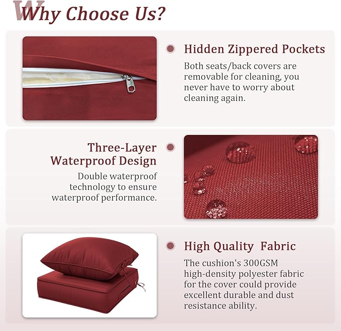Outdoor Patio Chair Cushions Set 24 L X 24 W X 5 H Waterproof & Fade Resistant Deep Seat and Back Cushions with Removable Covers Outdoor Seat Cushion Set for Chairs and Sofas