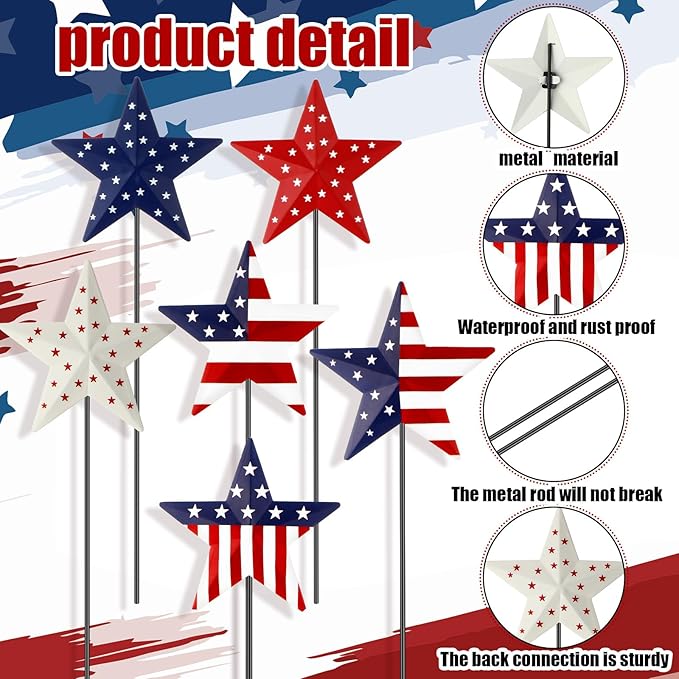 Pickmesh 6 Pcs 12" H Patriotic Metal Yard Sign Star Patriotic Garden Stake USA Flag American Yard Sign for Memorial Day Outdoor Decor 4th of July Independence Day Decoration