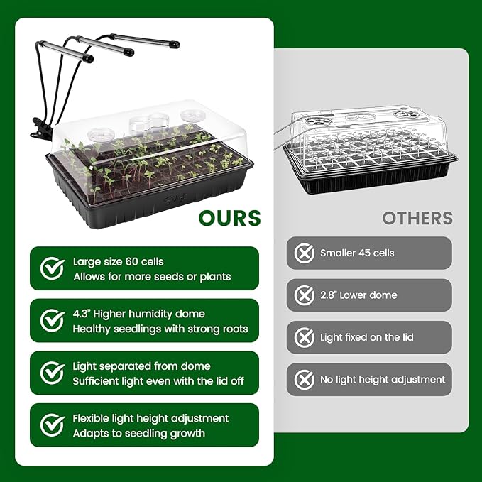 SOLIGT 60 Cell Seed Starter Kit with Grow Light and Heat Mat, Seed Starter Tray with Higher 4.3” Humidity Dome, 4/8/12/18H Timer, Flexible Light for Indoor Seed Starting & Seedling