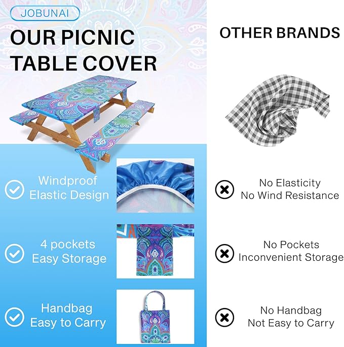 Picnic Table Cover with Bench Covers Non Slip Waterproof Vinyl Tablecloth for 8 Foot Rectangle Tables Gardening Needs Camping Rv Roadtrip Items for Tent Camper Gift for Teen Woman Man