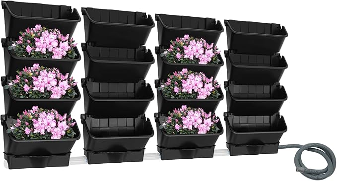 Wall-Mounted Vertical Garden Planter Set – 24 Self-Watering Planters with Drainage Pipe, Stackable Wall Planters for Indoor & Outdoor Use (Black, 16PCS)