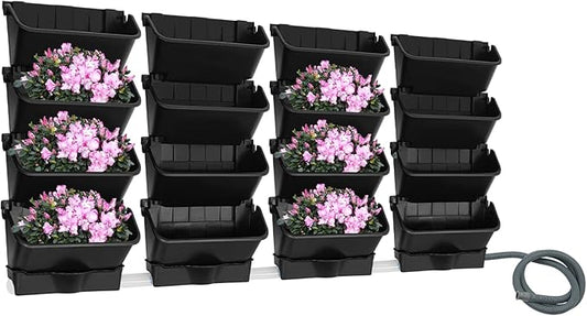 Wall-Mounted Vertical Garden Planter Set – 24 Self-Watering Planters with Drainage Pipe, Stackable Wall Planters for Indoor & Outdoor Use (Black, 16PCS)