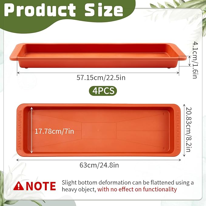 4 Pack Terracotta 24 x 8 x 1.6 Inch Rectangle Plant Saucer Large Plastic Plant Tray Water Drip Trays for Windowsill Flower Pot Planter Drainage Germination Garden Indoor Outdoor Use