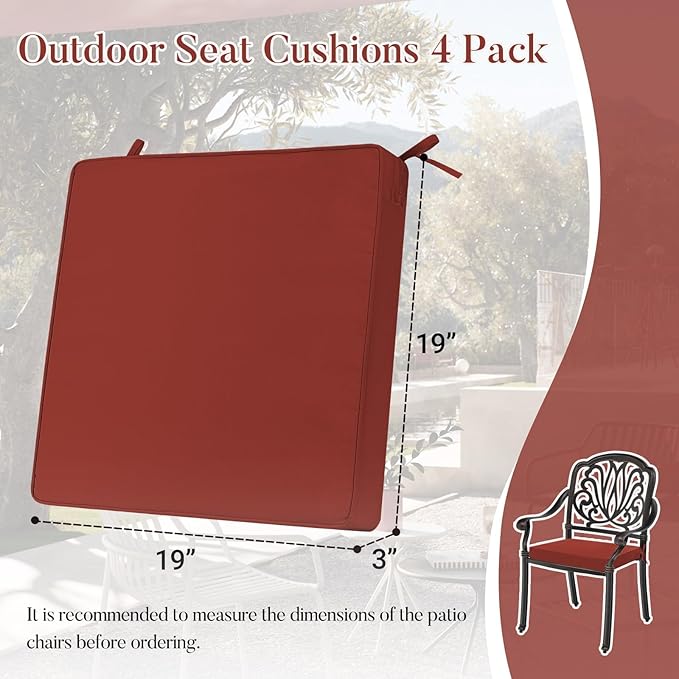 Basic Beyond Outdoor Chair Cushions for Patio Furniture, Waterproof Outdoor Seat Cushions Set of 4 19 x 19, Patio Chair Cushions Set of 4 with Ties and Handle, Brick Red
