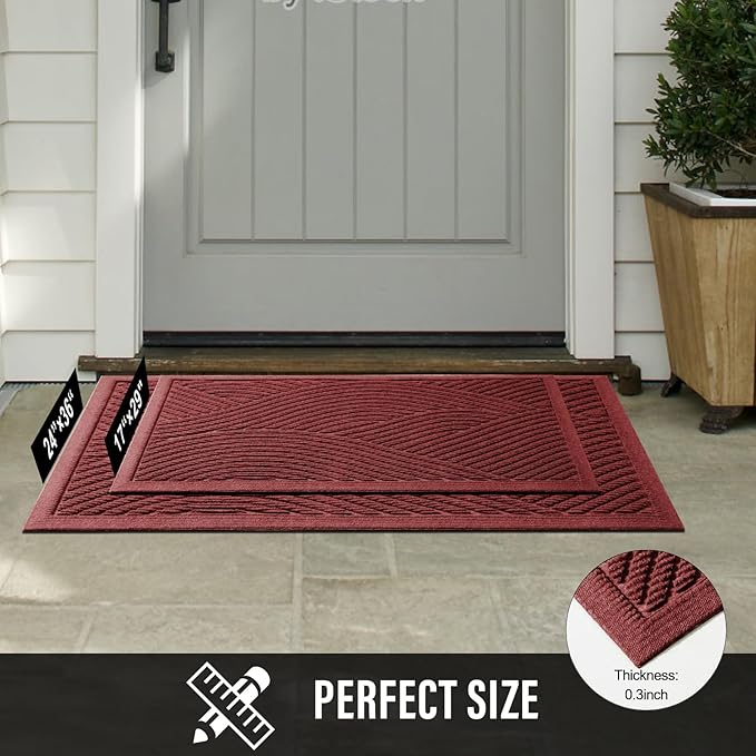 Sturdy Front Door Mat, Absorbent Muddy Dirt Resist Welcome Door Mats Outdoor Indoor, Stain and Fade Resistant, Non-Slip Backing Entry Mat Low Profile Doormat for Entryway, 29×17, Red