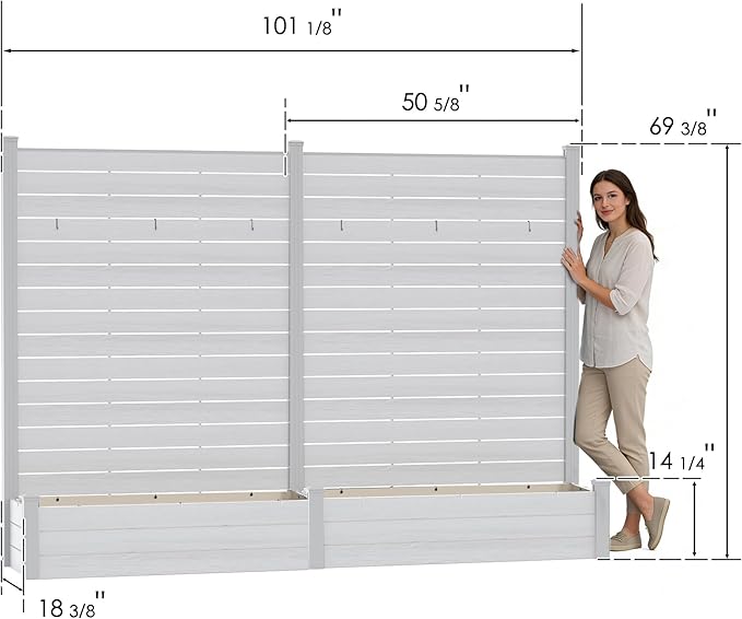 Kozyard 2Pack Privacy Screen with Planter, 70" H x 51" W Outdoor Garden Screen, Waterproof Aluminum Frame with Thick Wood-Plastic Boards, Decorative Privacy Screen for Patio, Balcony & Backyard White