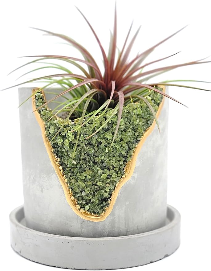 4 Inch Crystal Plant Pot with Saucer - Cement Geode Planter - Concrete Pots for Plants - Modern Succulent Pot Indoor - Unique Air Plant Holder - Candle Holder - Small Plant Home Decor (Green Peridot)