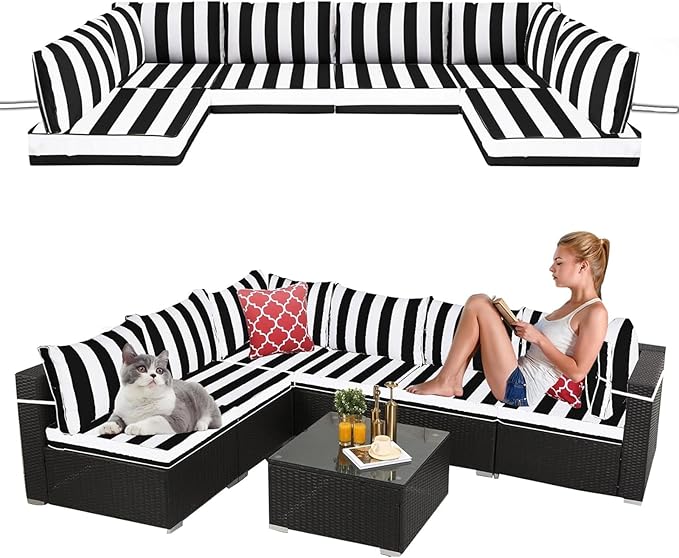 14 Pieces Outdoor Sectional Replacement Cushions for Patio Furniture, 4in Thick Outdoor Sofa Cushions for 6 Seat, Waterproof Deep Seat Couch Patio Cushions Set (Black and White)