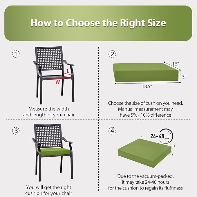 Outdoor Chair Cushions Set of 2, 18.5 x 16 Inch Patio Chair Cushions, Water Resistant, Non-Slip Ties (Grass Green)