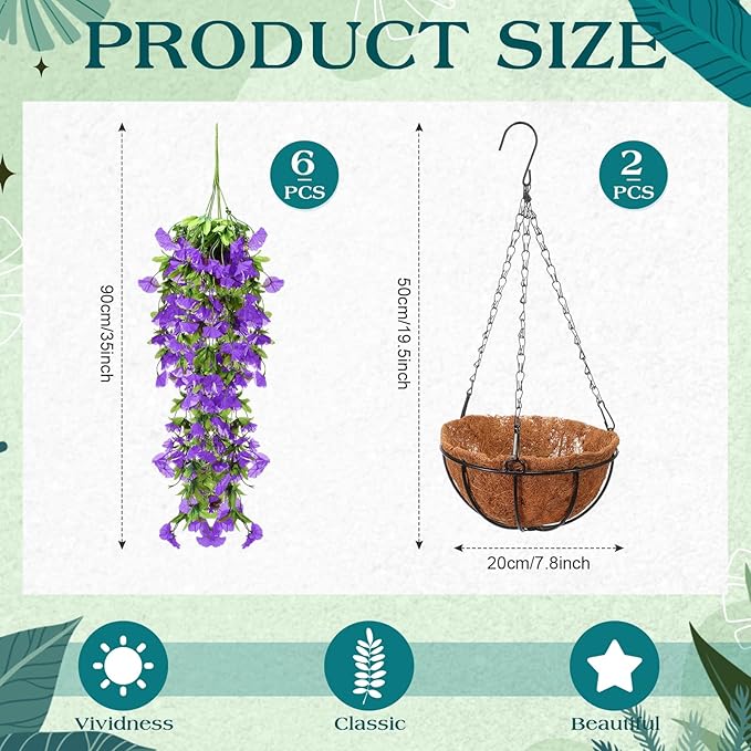 Hotop 2 Set Artificial Hanging Flower Basket and 6 Pcs Bougainvillea Silk Vine Flower for Outdoor Indoor UV Resistant Faux Hanging Plant Coconut Lining Planter Pot(Purple)