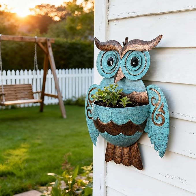 Metal Wall Planter Owl Wall Mounted Planters Small Flower Pot with Drainage for Indoor Outdoor Farmhouse Hanging Planter Succulent Plant Container Vertical Garden Yard Decor