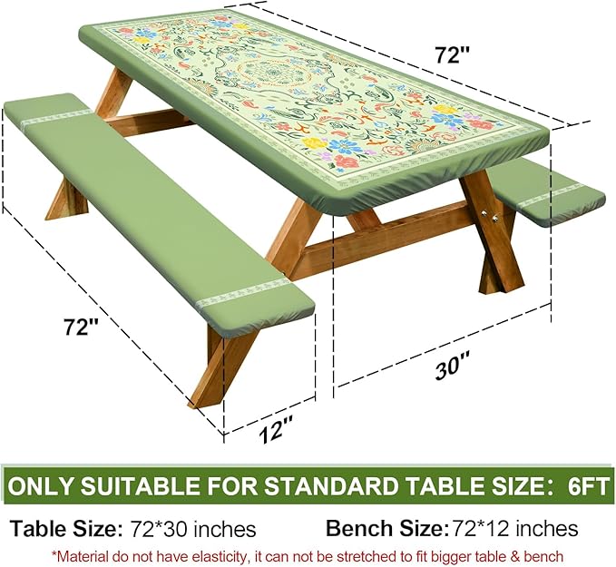 Play Tailor Picnic Table Cover with Bench Covers Camping Essentials Waterproof Windproof Camping Tablecloth with Drawstring Bag, Fitted Rectangle Tables and Seats, 72in, Green with Colorful Flowers