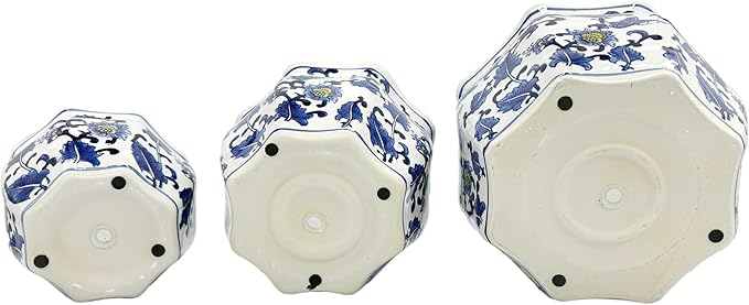 Galt International Blue & White w/Yellow Accent Round Fluted Floral Porcelain Ceramic Plant Flower Planter Pot Set of 3 (7.5", 10", 13") Garden Pots Chinese Asian Design