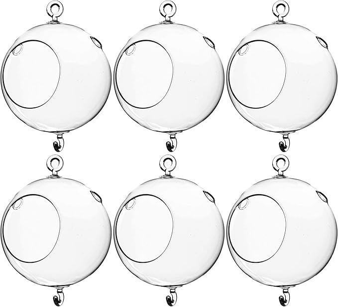 WGV Hanging Terrarium Globe, Width 5", Height 7", Double Hook, DIY Air Succulent Planter, Clear Glass Vase Orb, Candle Holder for Windowsill Outdoor Garden Decor, 6 Pieces Bulk
