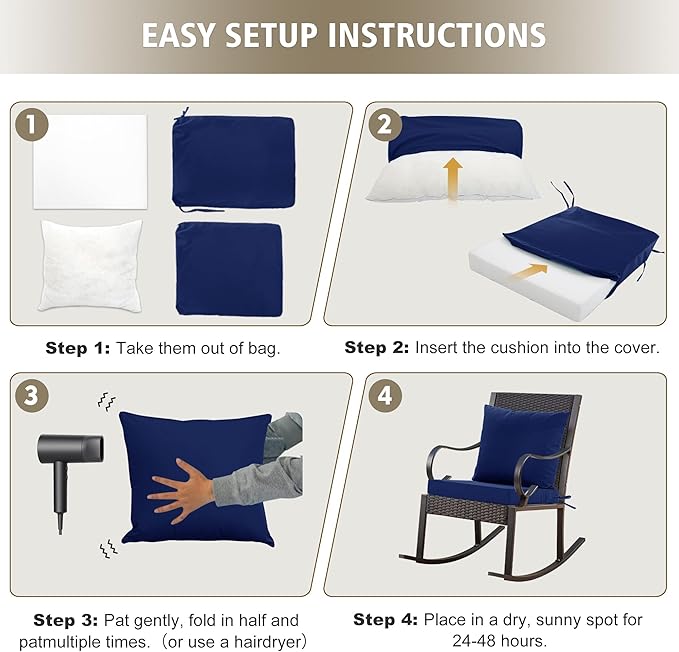24x24 Inch Outdoor Cushions for Patio Furniture, Waterproof Outdoor Chair Cushions w/ Fade-Resistant, Removable & Machine-Washable Cover, Deep Seat Sofa/Couch Pad Replacement – Set of 1/2/4, Navy Blue