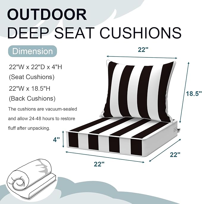 Outdoor Deep Seat Cushion Set, Water Repellent 22"x22" Patio Thick Cushions Replacement with Seat & Back Pillow for Patio Sofa, Wicker Chair, Couch - Cabana Black