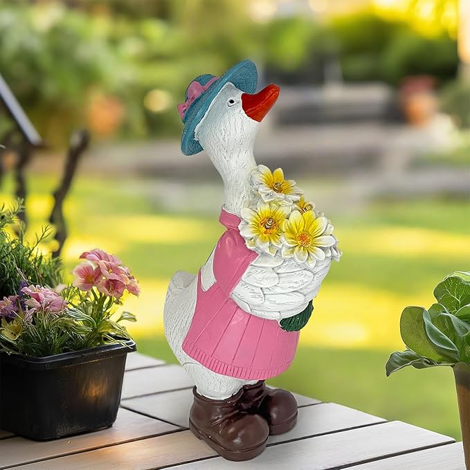 Solar Porch Goose Garden Statue with Glowing Flower, 11.5" Solar Duck Garden Decor for Outdoor, Waterproof Animal Figurine with Auto Light for Yard Lawn Patio - Unique Gift for Mom Grandma Women