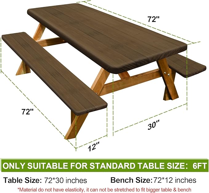 Picnic Table Cover with Bench Covers Camping Essentials Waterproof Windproof Camping Tablecloth with Drawstring Bag, Fitted Rectangle Tables and Seats, 72in, Dark Brown