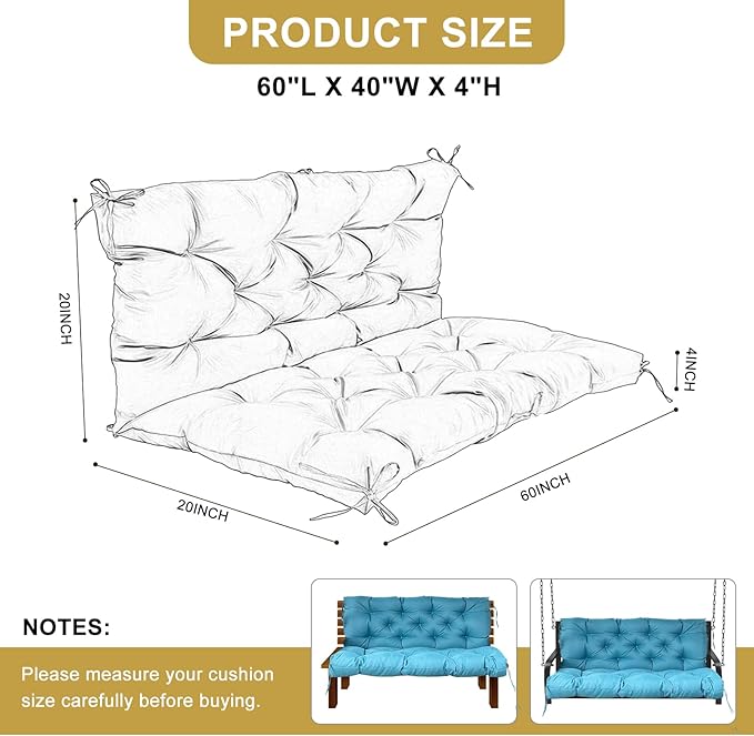 60" Porch Swing Cushion with Backrest, Waterproof Outdoor Bench Swing Cushions 3 Seater Replacement Thickened Swing Cushions with Ties for Patio Garden Backyard,Sky Blue,60x40in